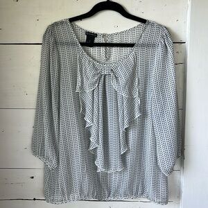 Blouse - sheer white top with black pattern and ruffle bow detail - size L
